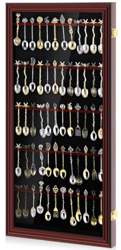 Silipull 60/36/18 Souvenir Tea Spoon Display Case Wall Mount Wooden Case Cabinet W/98% UV Acrylic Door Lockable Storage Display Box for Teaspoon Collection (Cherry,60 Souvenir Spoon)