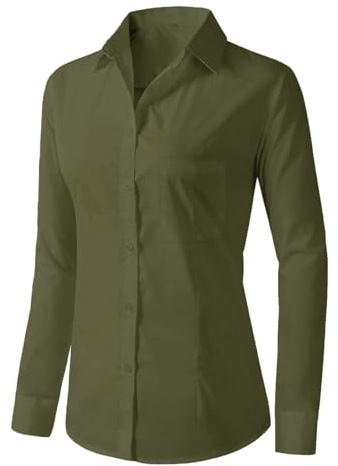 Friptspyg Blusa Mujer Manga Larga Elegante Blusa Blusa Larga Casual Blusa Oversize con Cuello en V Tops con Bolsillo,Verde Militar XL
