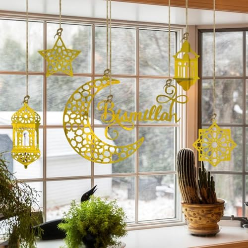 Pack of 6 Ramadan Kareem Decoration, Bring EIN 10-Meter Hanfseil Mit, Ramadan Deko, Ramadan, Ramadan Dekoration, Ramazan Dekor, Crescent Moon Stars Style Light Shape Pendant