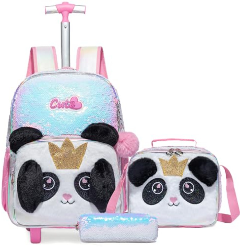 Egchescebo Kinder Rucksack mit Rollen Kinderkoffer 17” Mädchen für Koffer Schultrolley Kindertrolley Groß Schultasche Handgepäck Kindergepäck Sätze Geeignet für Grundschüler Plüsch Katzen Champagner