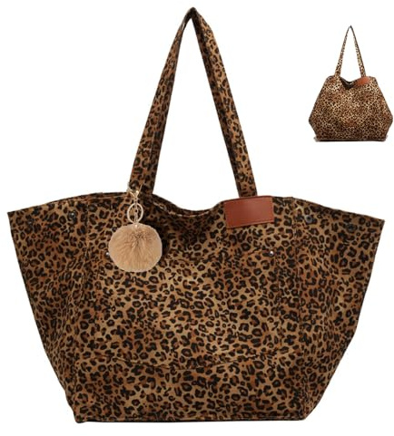 XFSRG Sacs Bandoulière Femme Léopard Shoulder Bag Tendance avec Fermeture Magnétique Sac à Main Spacieuse avec Pompon en Fausse Fourrure (Marron)