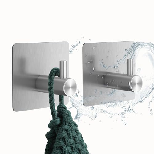 Mandouer Handtuchhalter Ohne Bohren Silber, Klebehaken Extra Stark | Edelstahl Wandhaken selbstklebend, wasserfest und rostfrei, hält bis zu 6kg, für Bad, Toilette und Küche (2 Stück)