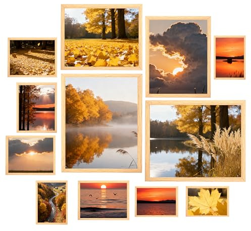 KAIWIN Set mit 12 Fotorahmen; Multi-Bilderrahmen; zwei 20 x 25 cm; zwei 15 x 20 cm; vier 13 x 18 cm; vier 10 x 15 cm, Bilderrahmen Collage Eiche