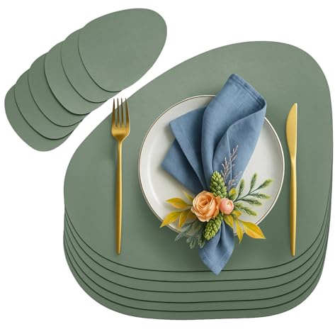 6er Set Tischset aus Leder-Imitat, Starke rutschfeste & wasserdichte Tischsets aus Kunstleder, Oval Tischset 42x33cm mit Untersetzer für Küche & Esszimmer-6x Platzset + 6X Untersetzer, Grün