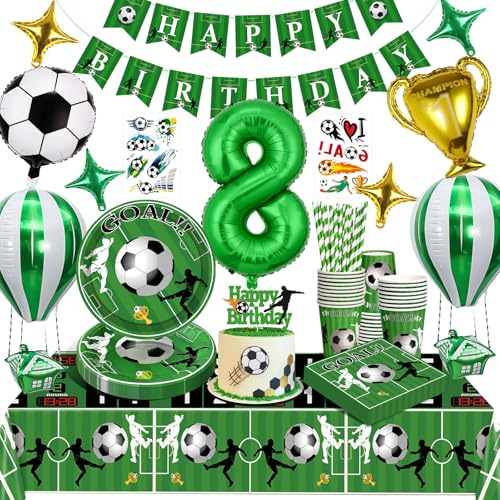 Decoration Anniversaire Football 8 Ans, Deco de Fete Anniversaire Foot Vaisselle Kit Garcon,Ballons Nappe Assiette Serviettes Papier Bannières Pailles Gobelets