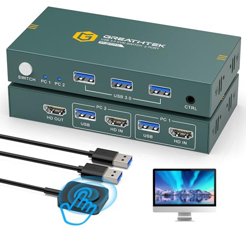 8K HDMI KVM Switch 2 Computers 1 Monitor,USB3.0 8K@60HZ 2 Port kvm Switcher for 2 PC/Laptop to Share Keyboard&Mouse,Remote Control,EDID Supported