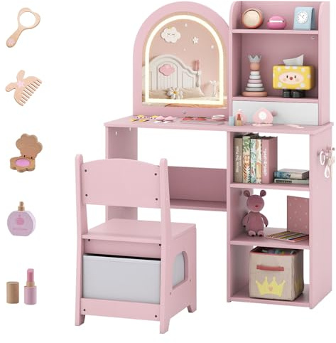 Costzon Kids Vanity with Lights, Girls Vanity Set with Mirror, Storage Drawer, Hooks & Shelves, Toddler Makeup Vanity Desk Dressing Table, Wooden Kids Vanity Table and Chair Set (Pink)
