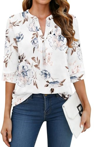 WNEEDU Camiseta de Manga 3/4 Mujer Ceullo Pico Casual Túnica Tops | Camisa de Basicas Blusas Larga,Manga Tres Cuartos,Estilo de Oficina