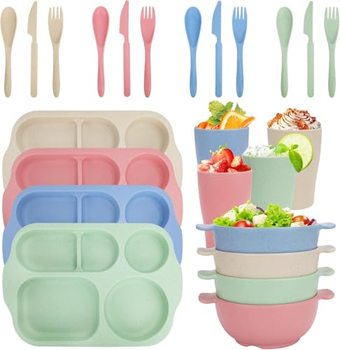 24PCS Unbreakable Plastic Plates and Bowls Sets, Reusable Dinnerware Sets