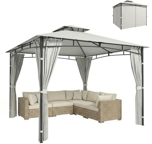 Outsunny Tonnelle de Jardin Extérieur 3x3m Pavillon Métal Ø 48mm - Cadre de Toit Rétractable & Double Toit UV50+ - Abri de Jardin Imperméable Robuste pour 6-8 Personnes, Crème