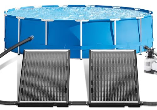 UISEBRT Solar Pool Heater, UV-beständiger Kunststoff mit Schutzplatte gegen Staub & Blätter, 111.5x66x6.5 cm, Aluminium-Standfüße, Solarkollektor für Gartenpool, Badesaison verlängern，2er Set