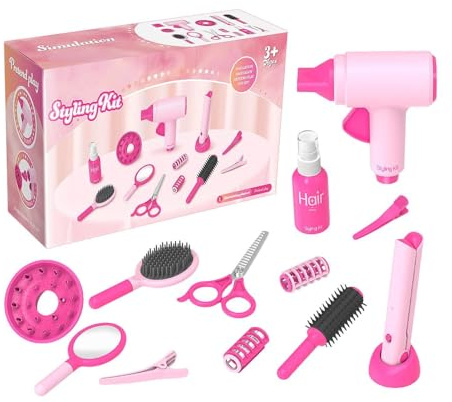 Låtsas Hårstylingset för Flicka 14 Delar Realistiska Utklädningsleksaker | Flickors Hårstyling Kit för frisör-, skönhets- och groominglekar, hemma, utomhus, på resor och i förskolan