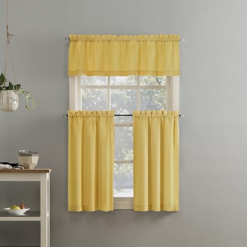 No. 918 Martine Microfiber Semi-Sheer Rod Pocket Juego de Cortinas de Cocina de Microfibra de 3 Piezas, Amarillo, W 36 x L 54 (3 Panels), 3