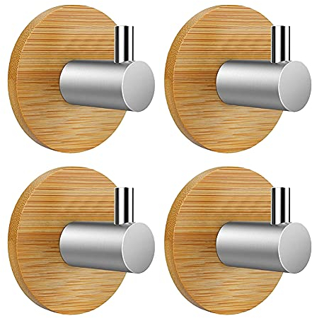 Blentude Bequertige Haken Handtuchhaken Selbstklebend, Edelstahl & Bambus, 4 Stück Wandhaken Kleiderhaken ohne Bohren, rostfrei, wasserfest, Klebehaken für Badezimmer, Küche, Toilette, Büro (bambus)