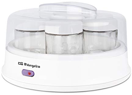 Orbegozo YU 2350 - Yogurtera con 7 tarros de 200 ml de capacidad, 15 W, tapa transparente, interruptor encendido/apagado,apto lavavajillas, blanco