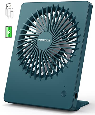 TriPole USB Desk Fan, 2000mAh Rechargeable Mini Fan, 3 Speeds, Lasts 4-16hrs, 180°Adjustable, Silent, Dark Green for Bedroom, Office, Travel