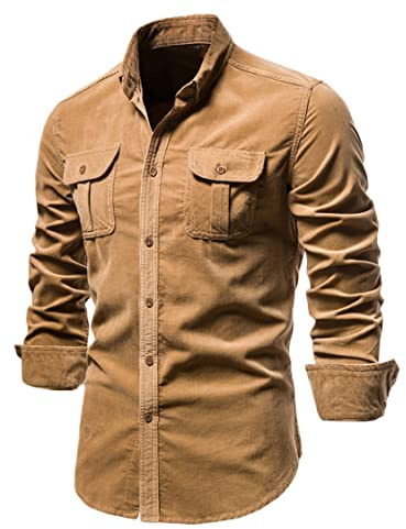 Générique JIER Hommes Chemise en Velours Côtelé à Manches Longues Boutonné Coupe Régulière Haut Automne Hiver Chemise Thermique Chemises De Travail Hauts Décontractés