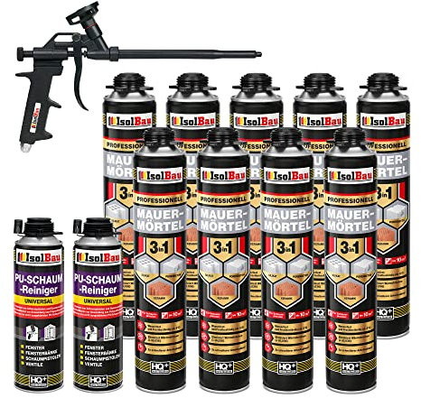 Isolbau Kit de mortier de maçonnerie : 9 x 750 ml de mortier en polyuréthane, 2 x 500 ml de nettoyant pour pistolet, 1 x pistolet à mousse en téflon, nettoyant PU, mousse de montage, mousse pour