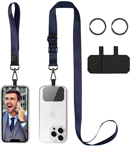 DGHYDZ Cell Phone Lanyard, Universal Crossbody Lanyards Adjustable Shoulder Neck Strap with wrist lanyard, 2 Key Rings, 2 Phone Tether Pads Compatible Most Smartphones (Indigo)