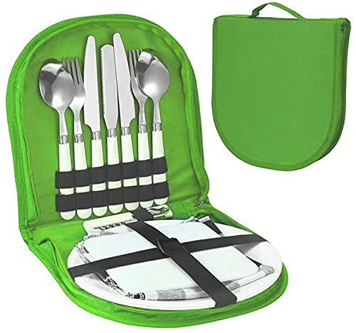 PEPDRO Edelstahl Campingbesteck Set Camping Geschirr Set Outdoor Folding Besteck Set Geschirr Kit mit Reißverschluss Etui, Löffel, Gabel, Schüssel for 2 Personen (blau) (Color : Green)