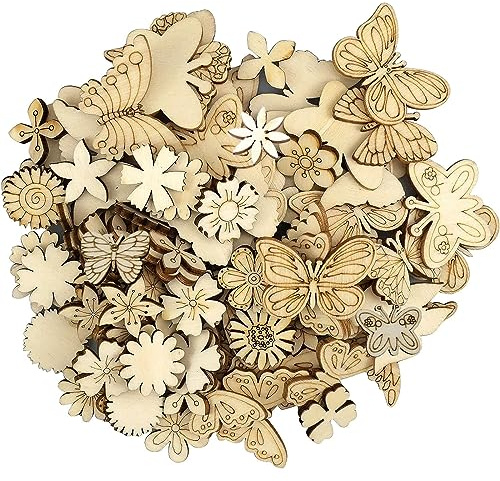 Plstod 150 Stücke Holz Schmetterlinge Kleine Holzblätter und Blumen DIY Schmetterling Holzscheiben Kleine Holzblumen Zum Basteln Handwerk Streudeko Weihnachtsdeko Scrapbooking Verzierungen