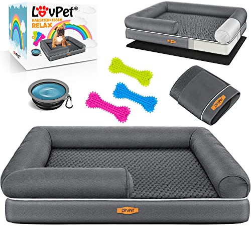 Lovpet® Orthopädisches Hundebett Hundekissen Hundekorb Relax, Inkl. Napf + 3X Kauknochen, Hundesofa für Kleine, Mittelgroße & Große Hunde, Bezug abnehmbar und waschbar, 91x71x22cm Anthrazit