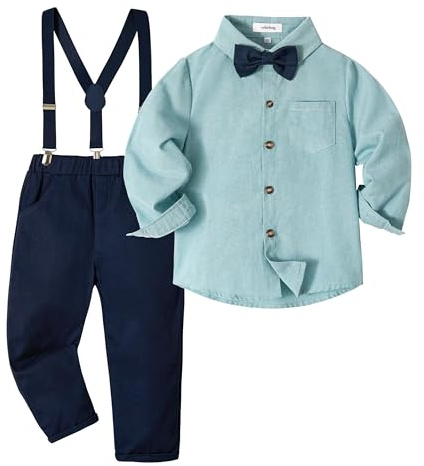 Volunboy Baby Boys Gentleman Suit, Toddler Formal Bow Tie Shirts + Suspenders Pants 4PCS Outfit