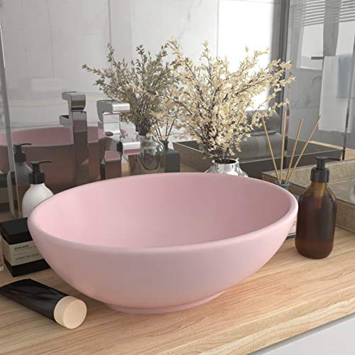 JUNZAI Lavabo de Lujo, Lavabo sobre Encimera, Lavabo Baño, Muebles De Baño, Mueble Lavabo, Ovalado cerámica Rosa Mate 40x33 cm