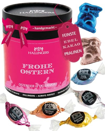 Hallingers Genuss Manufaktur Pralinen-Osterei Oster-Geschenk - mit & ohne Alkohol, handmade aus Edelkakao in wertiger Geschenkdose Frohe Ostern - ..., Ostern Körbchen für Frauen Mädchen