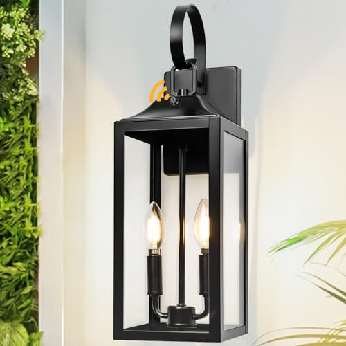 Yolsunes Black Dusk to Dawn Outdoor Wall Lantern 2-Light, 19 Large Outside Modern Porch Sconce Light Fixture, Industrial Porch Light Wall Mount with Glass, Waterproof Farmhouse Exterior Lamp Lighting