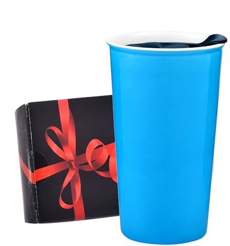 fMSDD Ceramic Travel Coffee Mug with Lid, Reusable Travel Mug, Dishwasher Safe Portable Coffee Tumbler Insulated Double Wall Tall Cup, 12 oz, Glossy Glaze, Gifts for Women Men Her Him, Aqua Blue