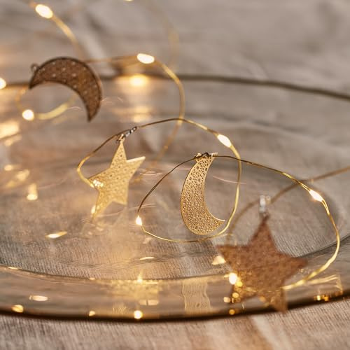 Lights4fun Filigree Gold Moon and Star Micro Warm White LED Battery Operated Ramadan String Light Garland 1.9m Indoor Use