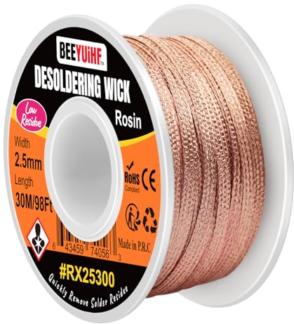 BEEYUIHF Entlötlitze, 30M - 98ft Entlötdraht, 2.5mm No-Clean Löt Entlötlitze, Dochte Litzen zum Entlöten, Entlötdocht zum Entfernen des Lötzinns zum Zerlegen elektrischer Komponenten 30 m Spule