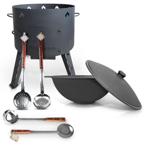 Utschak Feuerofen mit Gusseisen Topf flacher Boden mit Deckel (22 L) KazanoFF, Uchag Kazan Kasan Usbekisch, казан Schaumlöffel x 3 Stk, Schöpfkelle für Plov, 48 cm(Set 22F-2)