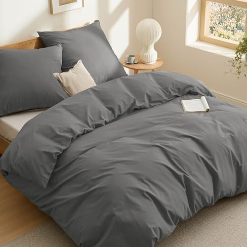 BEDSURE Ropa de cama de 220 x 240 cm, algodón gris, ropa de cama de 220 x 240 cm, funda nórdica de 3 piezas con 2 fundas de almohada de 80 x 80 cm, con certificación Öko-Tex, color antracita con