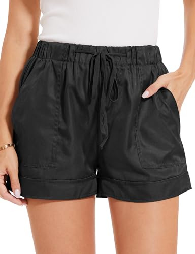 MELLIEX Damen Shorts Sommer, Mode Lässige Kurze Hose Damen High Waist Kordelzug Elastische Taille Weite Bein Kurz Shorts mit Taschen