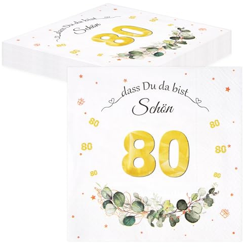 TOPWAYS Servietten 80. Geburtstag Mann Frau, Tischdeko Eukalyptus Papierservietten Anniversary Deko 40 Stück