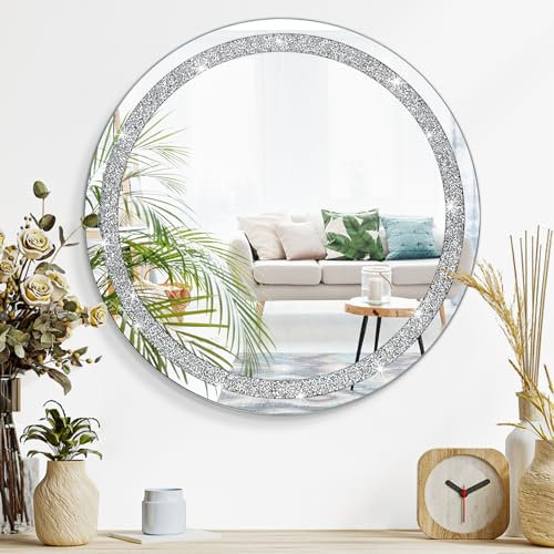 Lzuso Crystal Diamond Silver Mirrors for Wall Round Shaped Wall Hanging Mirror Frameless Bling Stylish Decoration Mirror for Vanity Home Bathroom Bedroom Living Room Hallway Decor