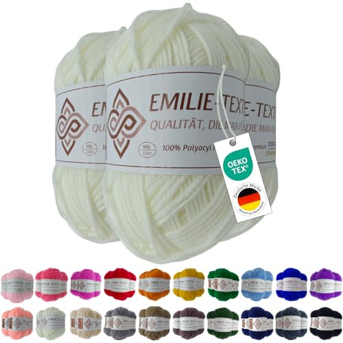 Emilie-Textil Premium Polyacryl-Garn 3X100g 20 Farben OEKO-TEX zertifiziert für Babys/Allergiker, Garn zum häckeln und stricken (3, Weiß)