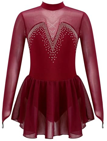 Kvysinly Mädchen Eiskunstlauf Kleid Langarm Tanzkleid Mit Strass Einfarbig Ballettanzug Rock Gymnastik Ballett Trikot