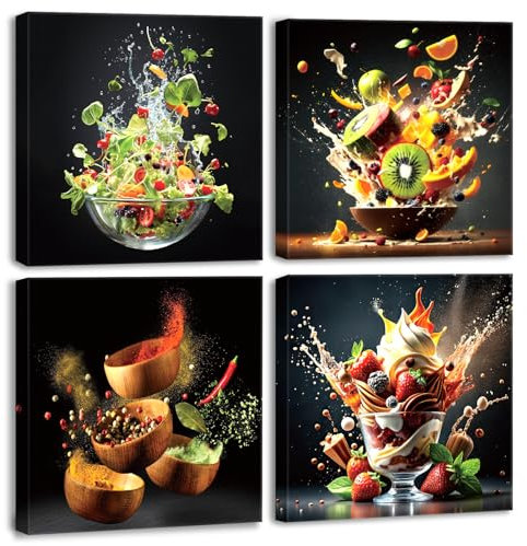 HPNIUB Framed Kitchen Poster Wall Decor,Cooking Picture Print,Colorful Fruit Canvas Painting Food on Vintage Wooden Wall Art for Home Kitchen Decorations Ready to Hang 40x40cm