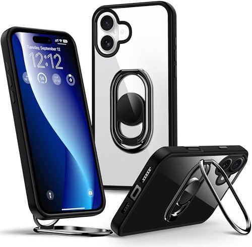 SHIELDS UP for iPhone 16 Plus Case with Stand, Phone Case Clear with Double Ring Holder【Adjustable & Fodable】 Shockproof Protective Cover for iPhone 16 Plus 6.7'' - Clear Black