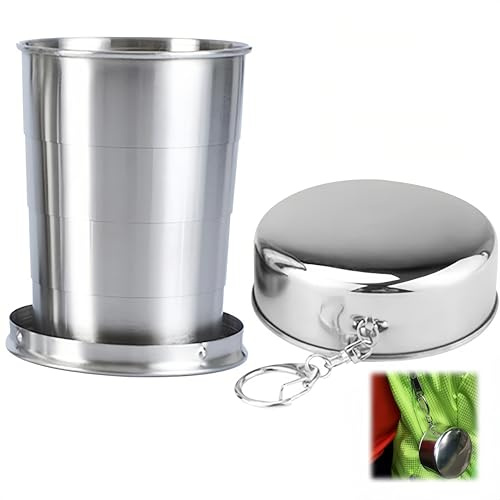 WizeFolk 250 ml Faltbare Edelstahlbecher, Tragbare Metallbecher, Faltbarer Wasserbecher, Reisebecher mit Schlüsselhalter für Outdoor, Reisen, Camping, Wandern