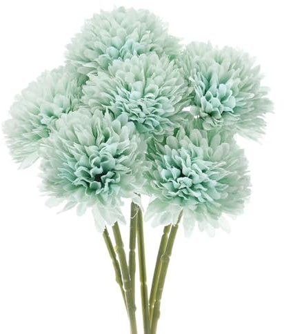 M METERXITY 6-Pack Flores de Bola de Crisantemo Artificial, 11 Ramo de Hortensias de Seda Falsa Toque Real Flores Falsas para Hogar/Boda/Navidad/Fiesta/Jardín Oficina [Azul Otoñal]