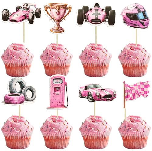 Gyufise 36Pcs Race Car Cupcake Toppers Racing Car Party Cake Decorations for Race Car theme Baby Shower Birthday Party Decoration Supplies Pink