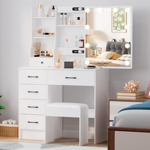 Ereousa Postazione Trucco con Sgabello e Specchio, Toilette Trucco con Luci, Luminosità regolabile, Toletta da Trucco con 6 Cassetti, 6 Ripiani, Bianco 36x80x131cm, H010656 | 6 cassetti, 6 ripiani, illuminazione LED regolabile, ampio spazio contenitivo