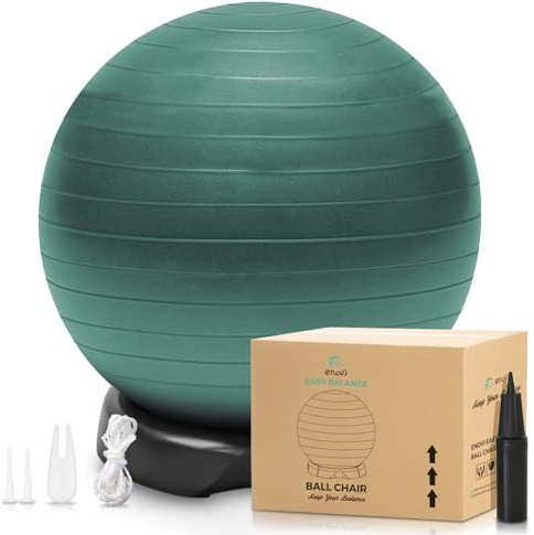 ENOVI EasyBalance Gymnastikball, Pezziball, Sitzball mit Sockel und Pumpe, 65cm, Kiefernnadelgrün