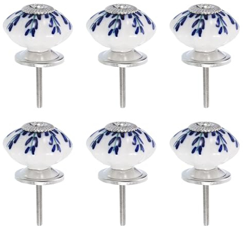 Sourcing Map 6 Pcs Floral Ceramic Pull Knobs - Vintage Round Willow Leaf Blue Cabinet Hardware for Kitchen, Door & Drawer, Wardrobe, Cupboard