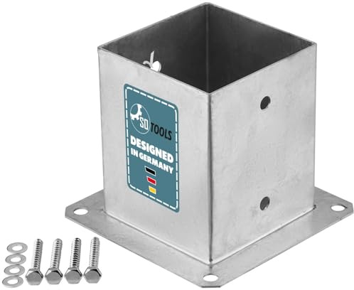 SOTOOLS Bodenhülse, 120 x 120 mm, feuerverzinkt, für Vierkantpfosten | Bodenhülse und Pfostenträger mit Bodenplatte zum Aufschrauben.