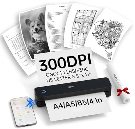 iDPRT Portable Thermal Printer, 300DPI Inkless-Bluetooth Small Mobile Printers Wireless for Travel, Office, Vehicles, Home Use, Supports 8.5 x 11 US Letter, A4 A5, Compatible with iOS, Android, PC